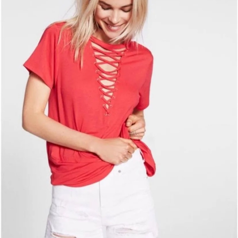 Express Red Lace-Up Short Sleeve Tee